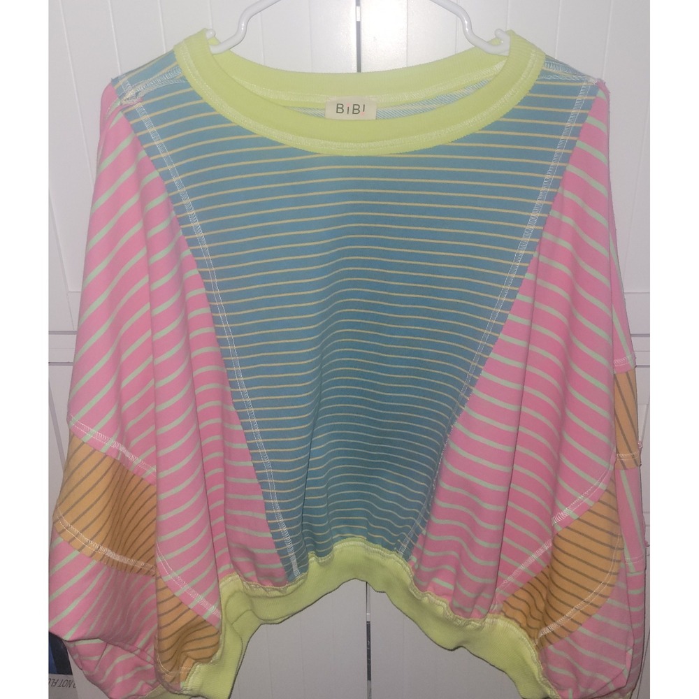 BiBi Striped Patchwork Pullover Sweatshirt Neon Green Pink Teal Oversized Small - Picture 3 of 8